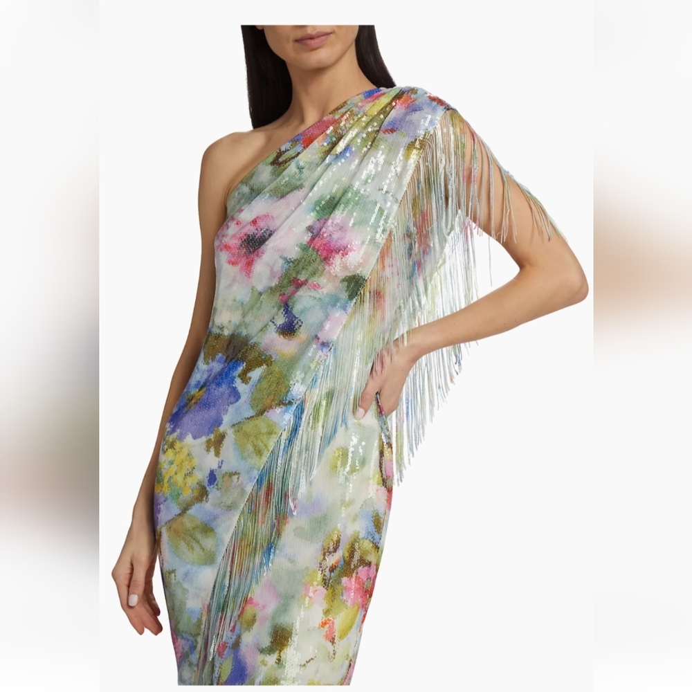 BADGLEY MISCHKA Green Multi Fringe Sequin Floral One Shoulder Dress - Picture 9 of 17